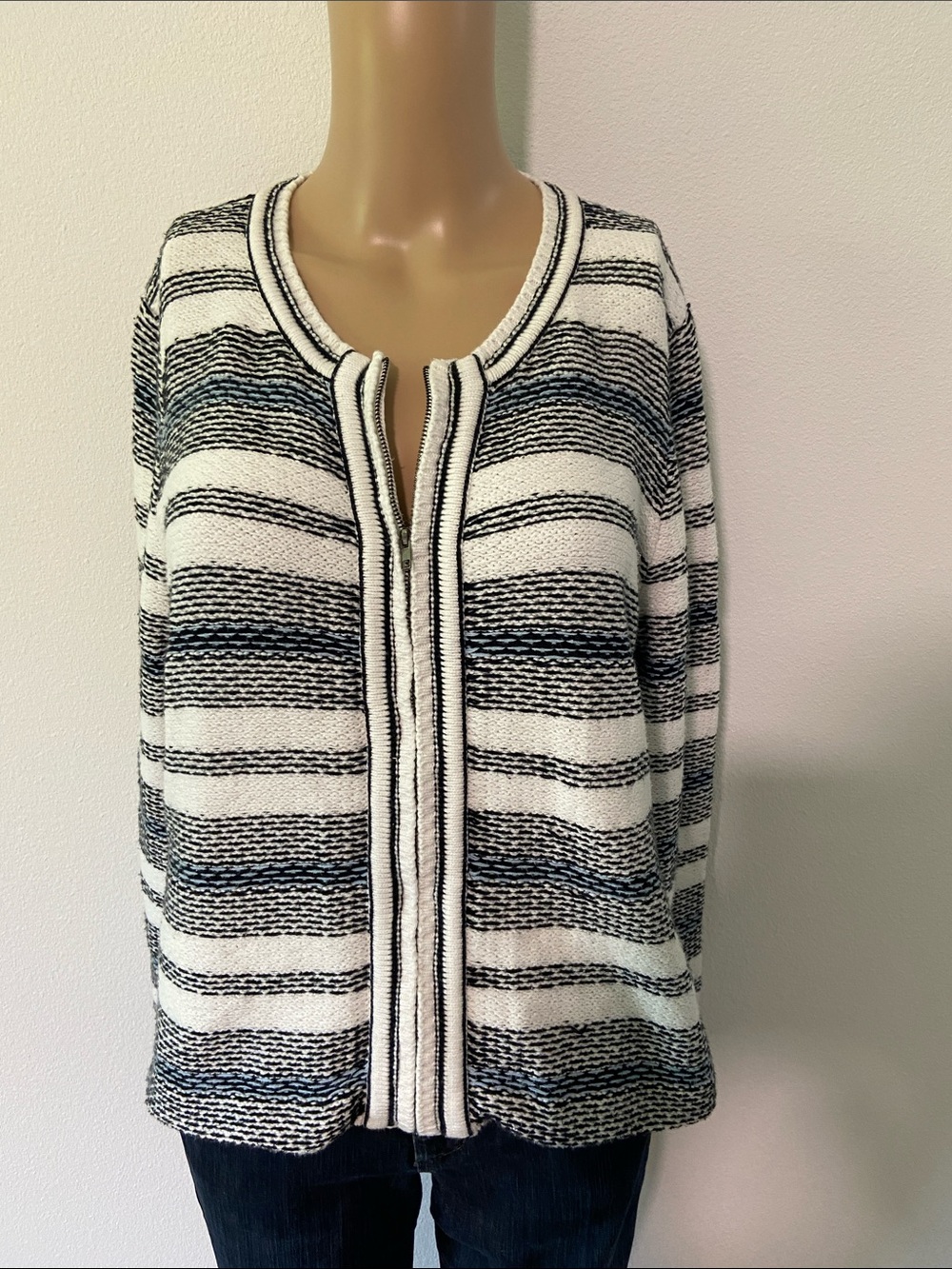 Appleseed's Black & White Striped Zip-Front Cardigan
